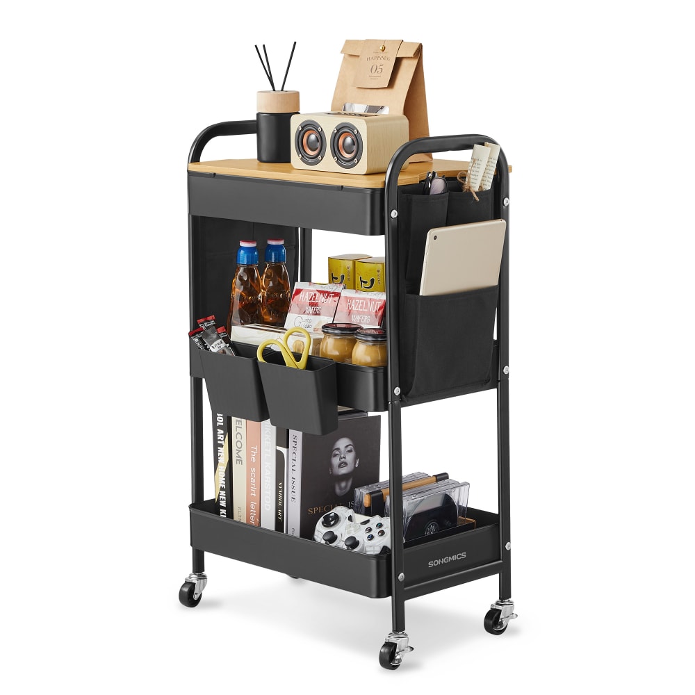 Chariot de rangement à 3 niveaux avec table supérieure 2 pots noir Chariot de rangement à 3 niveaux avec table supérieure 2 pots noir