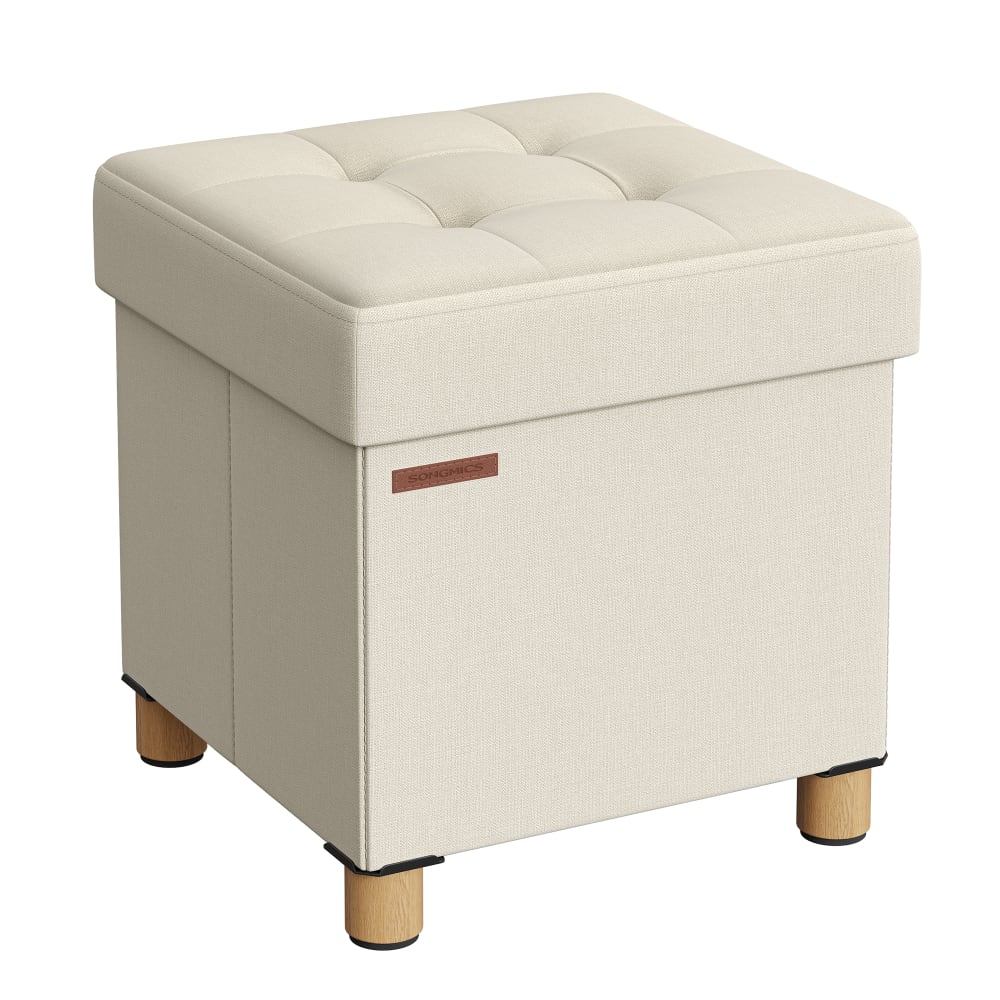 Petit pouf pliable 38 x 38 x 40 cm avec rangement blanc crème