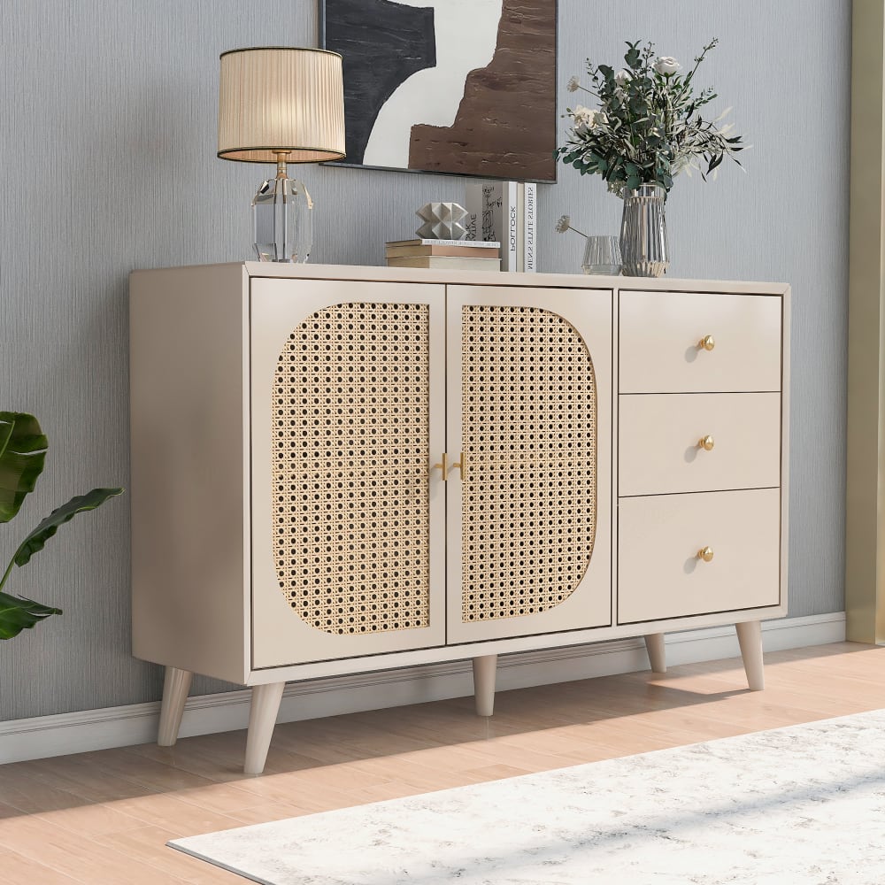 Buffet effet bois clair avec portes et tiroirs blanc cassé - Maisons du Monde