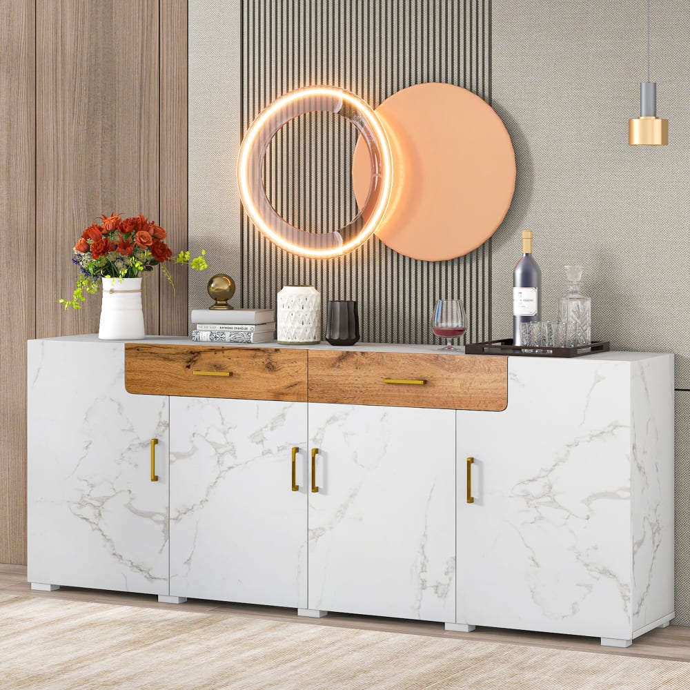 Buffet blanc effet marbre 4 portes 2 tiroirs 208x39,5x80cm - Maisons du Monde