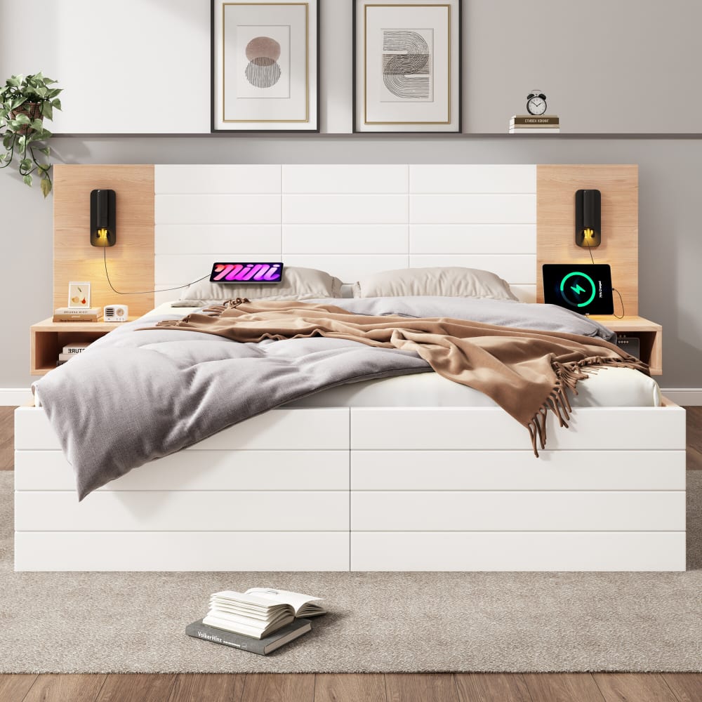 Doppelbett mit 2 USB-Schubladen 180*200 cm, Eiche/Weiß - Maisons