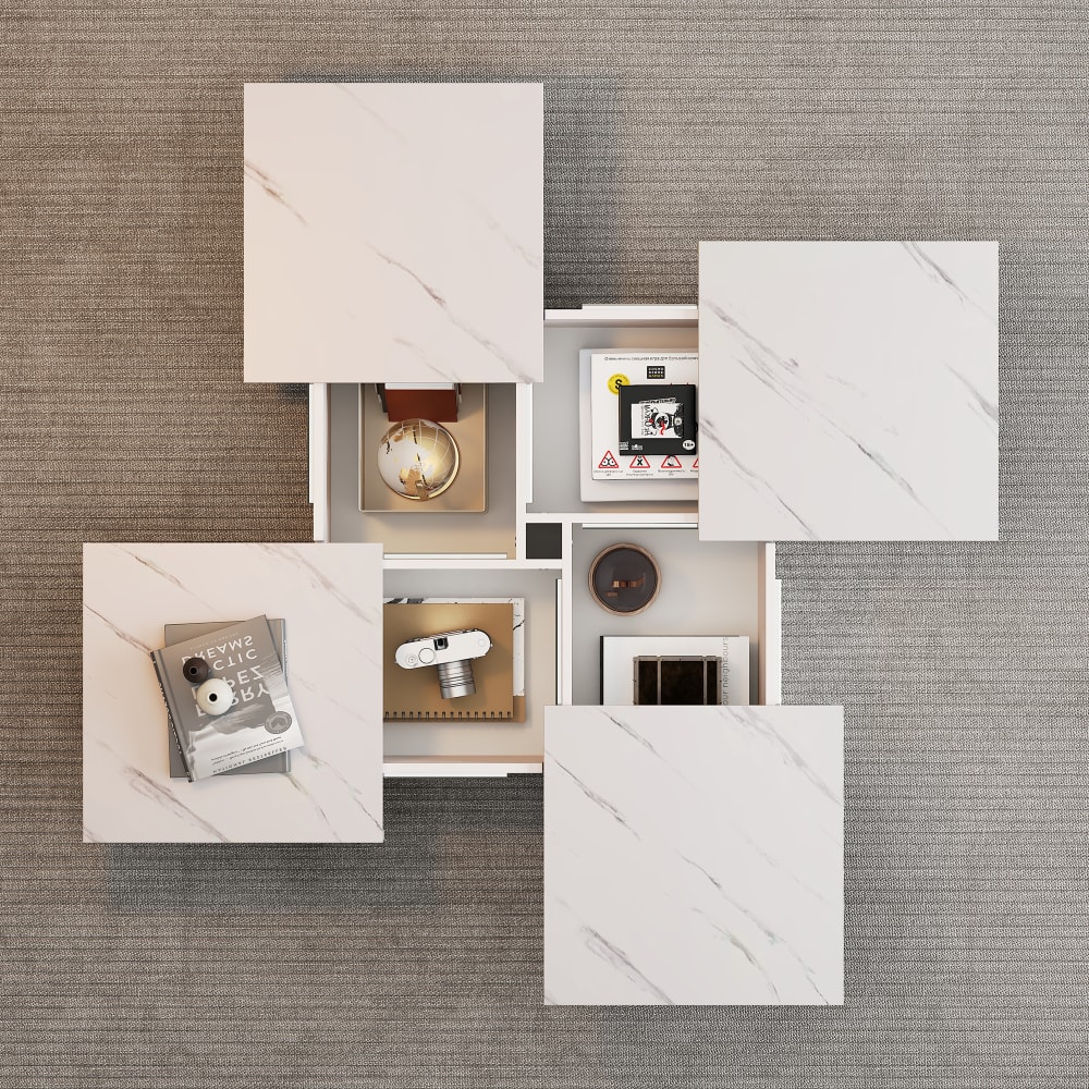 Table basse carrée moderne blanche effet marbre 4 tiroirs - Maisons du Monde
