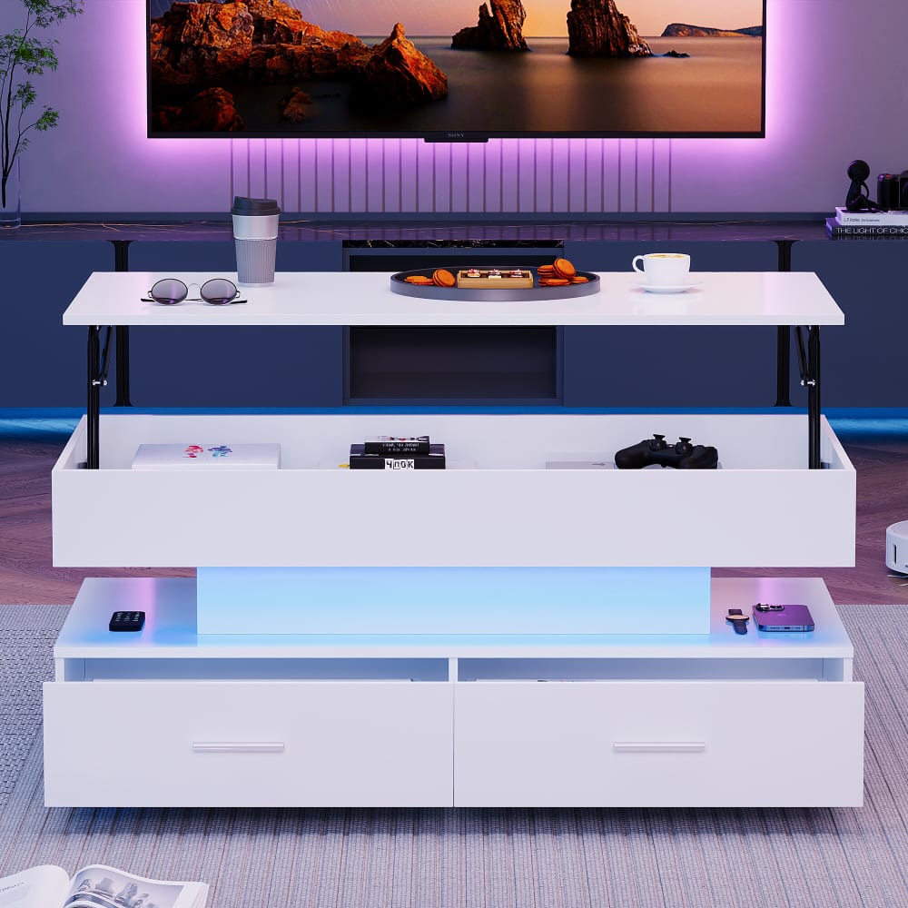 Couchtisch mit höhenverstellbarer Hubplatte mit LED-Beleuchtung,