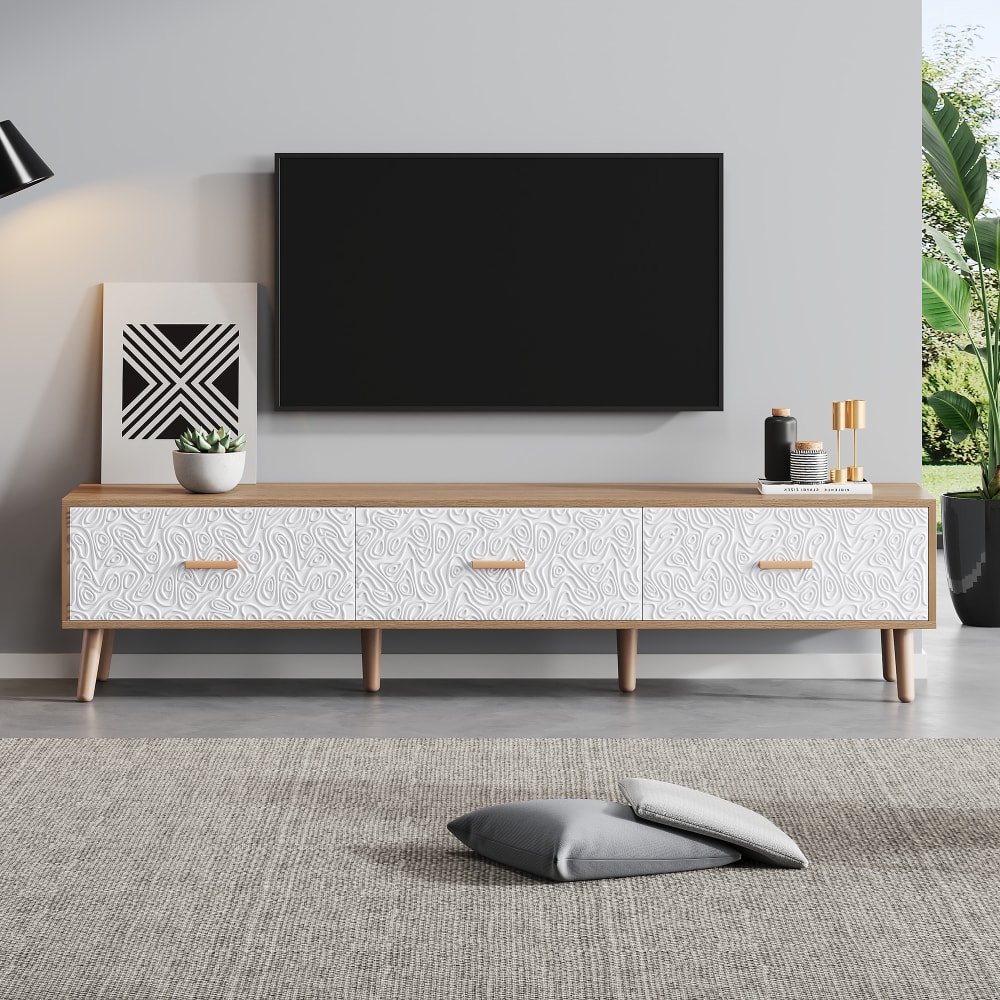 mueble tv efecto madera clara con 3 cajones y puerta blanca