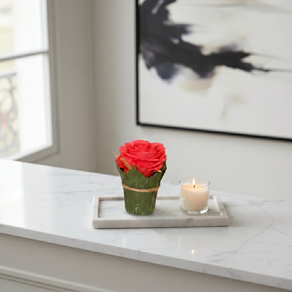 Composition chrysanthème entouré de feuilles artificielles rose h9 - Maisons du Monde