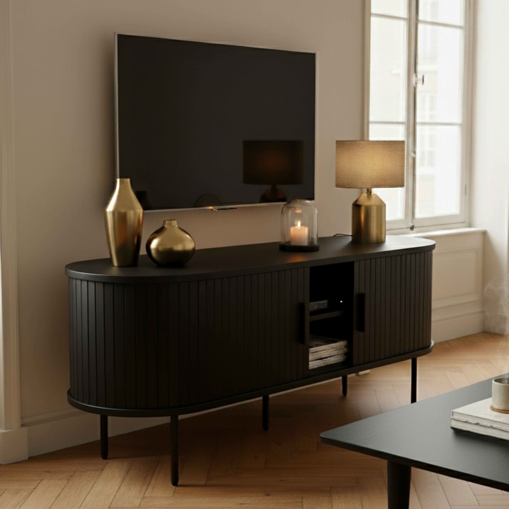 mueble tv en melamina y acero 120 cm negro