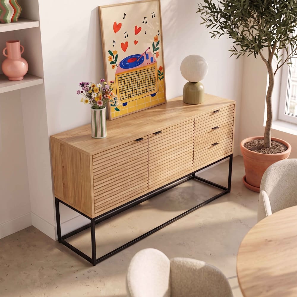 Buffet 2 portes et 3 tiroirs décor mélaminé 160 cm bois et noir - Maisons du Monde