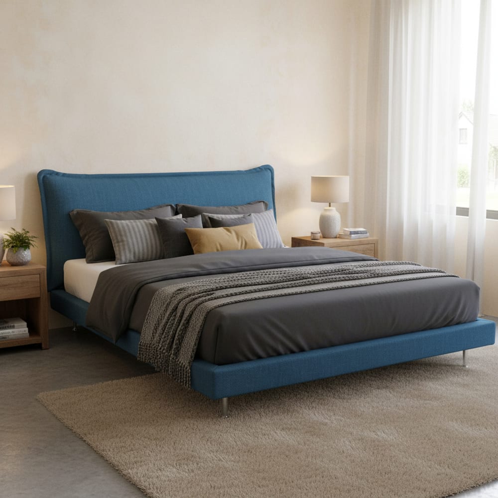 Doppelbett aus blauem Stoff 160x190 cm - Maisons Du Monde