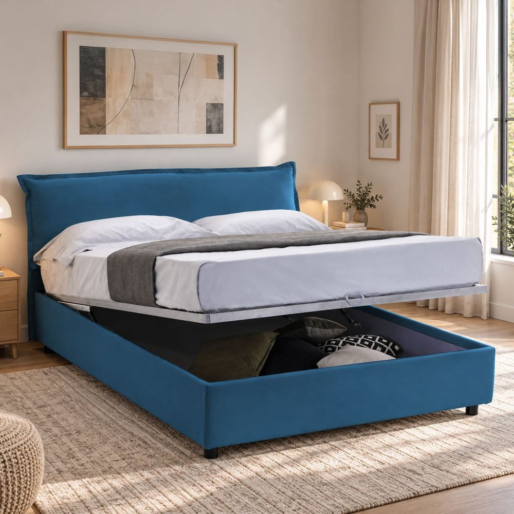 Lit double en tissu bleu 160x200 cm - Maisons du Monde