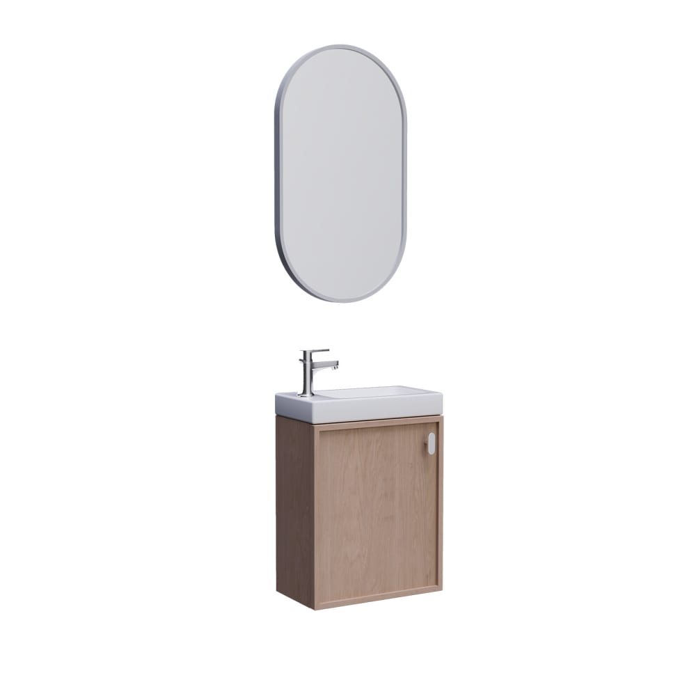 Ensemble meuble lave-mains décor chêne  + robinet + miroir
