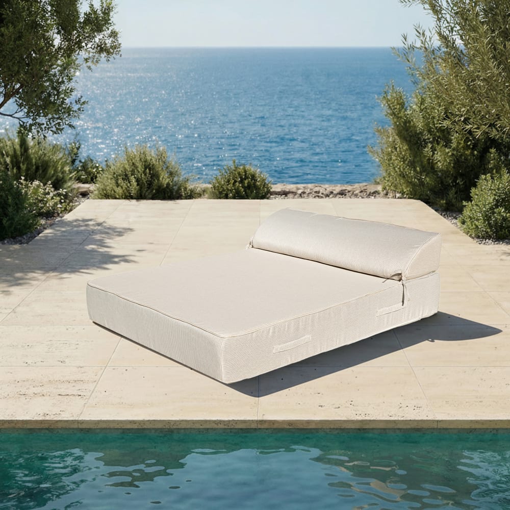 Lit bain de soleil extérieur en mousse 2 places beige et blanc