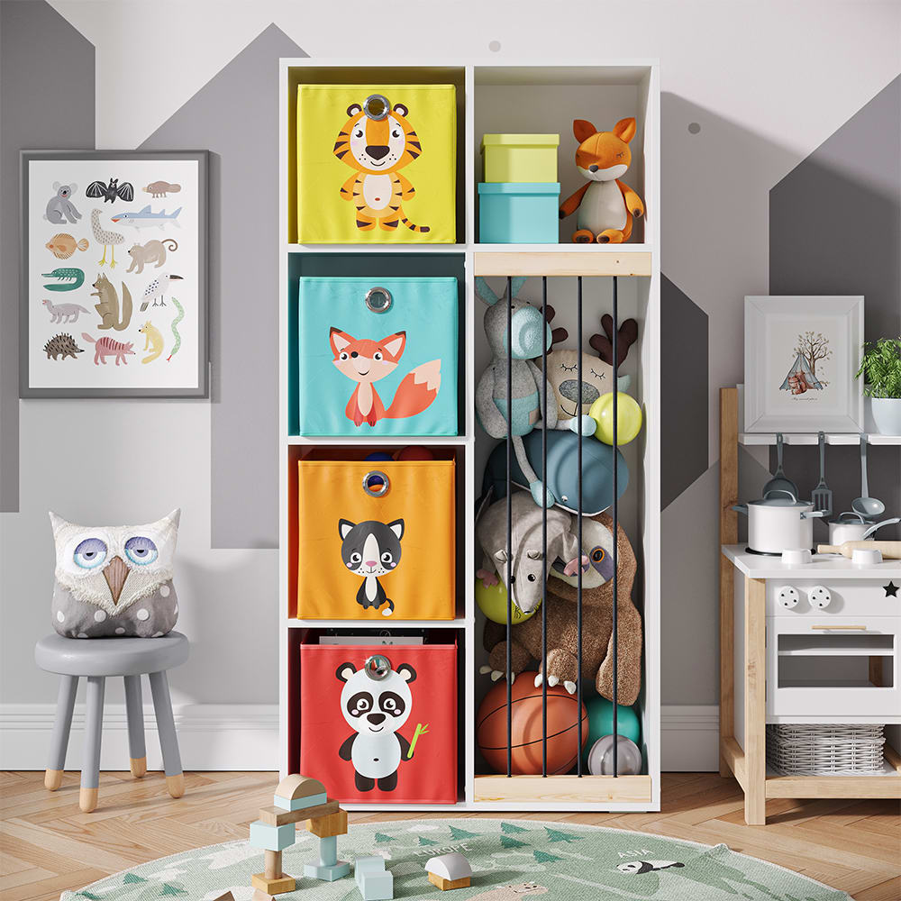 Bibliothèque enfant avec 4 boîtes pliantes opt.1, Blanc 72 x 143cm