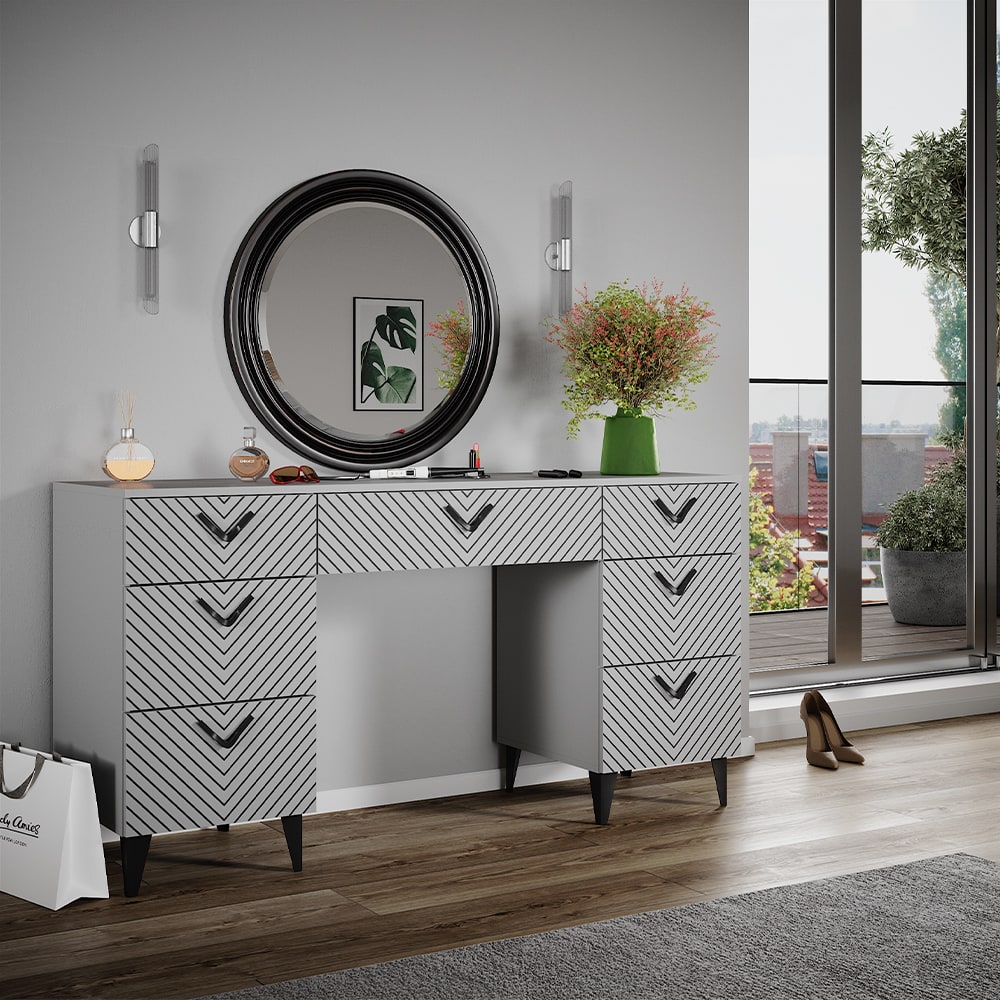 Schminktisch ohne Spiegel, mit 7 Schubladen, Grau 150 x 78.1cm -