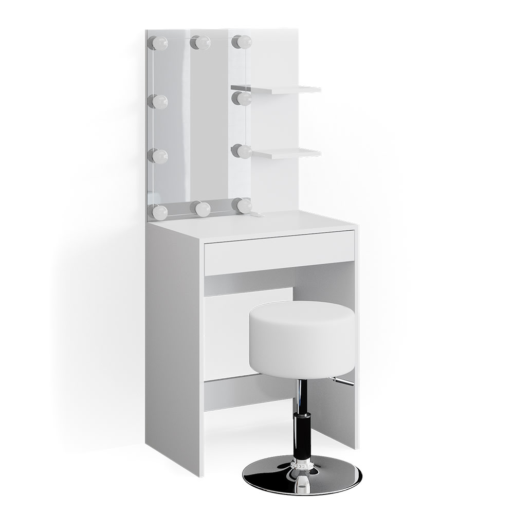 Coiffeuse avec miroir, guirlande led et tabouret blanc 60x140cm
