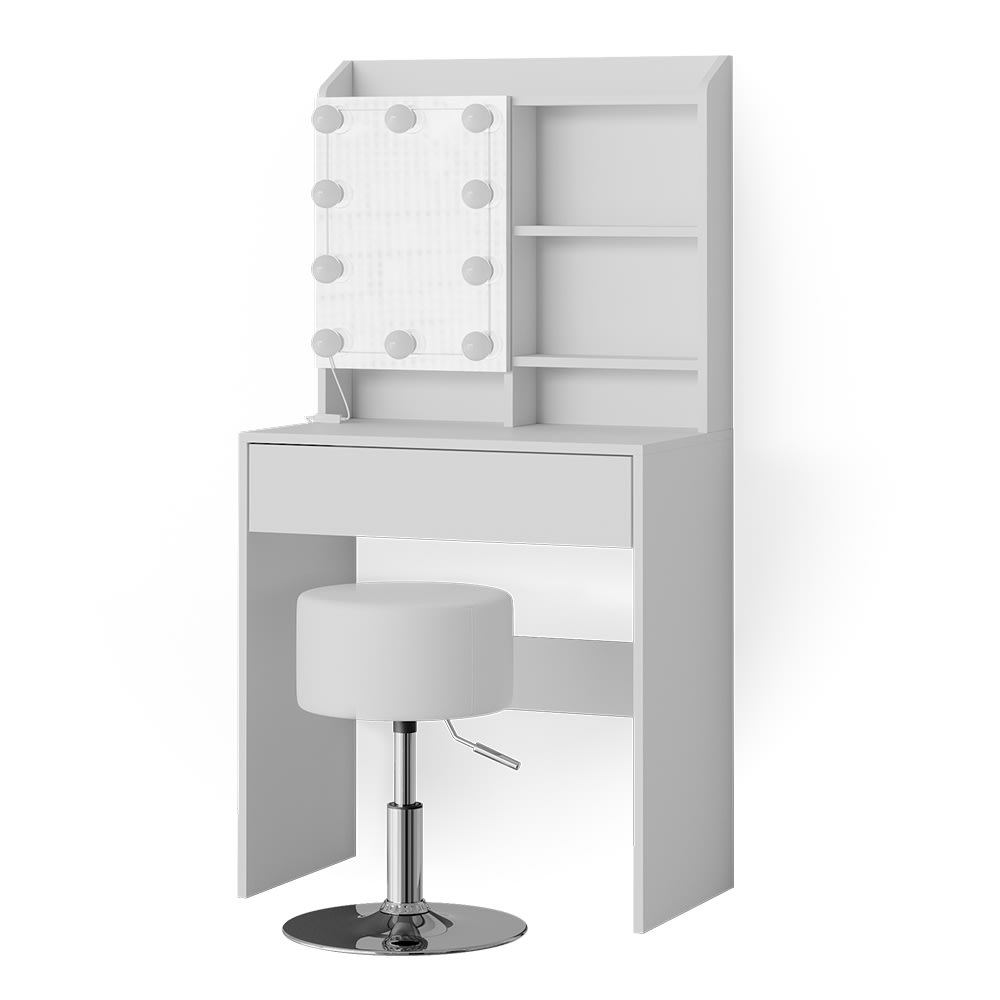 Vicco Coiffeuse avec miroir, guirlande led et tabouret blanc 70x136cm style contemporain Blanc Panneau De Particules - 70x136x40cm