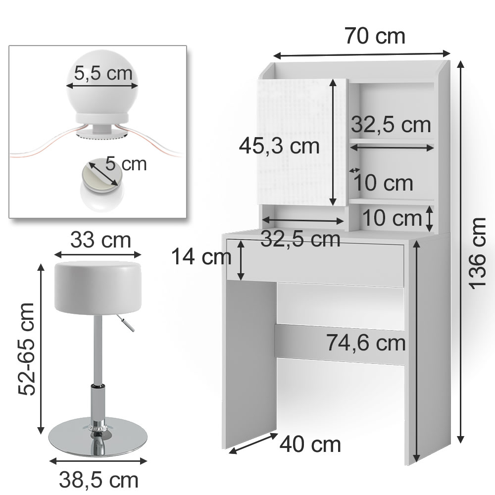 Schminktisch mit Spiegel, LED-Lichterkette und Hocker Weiß