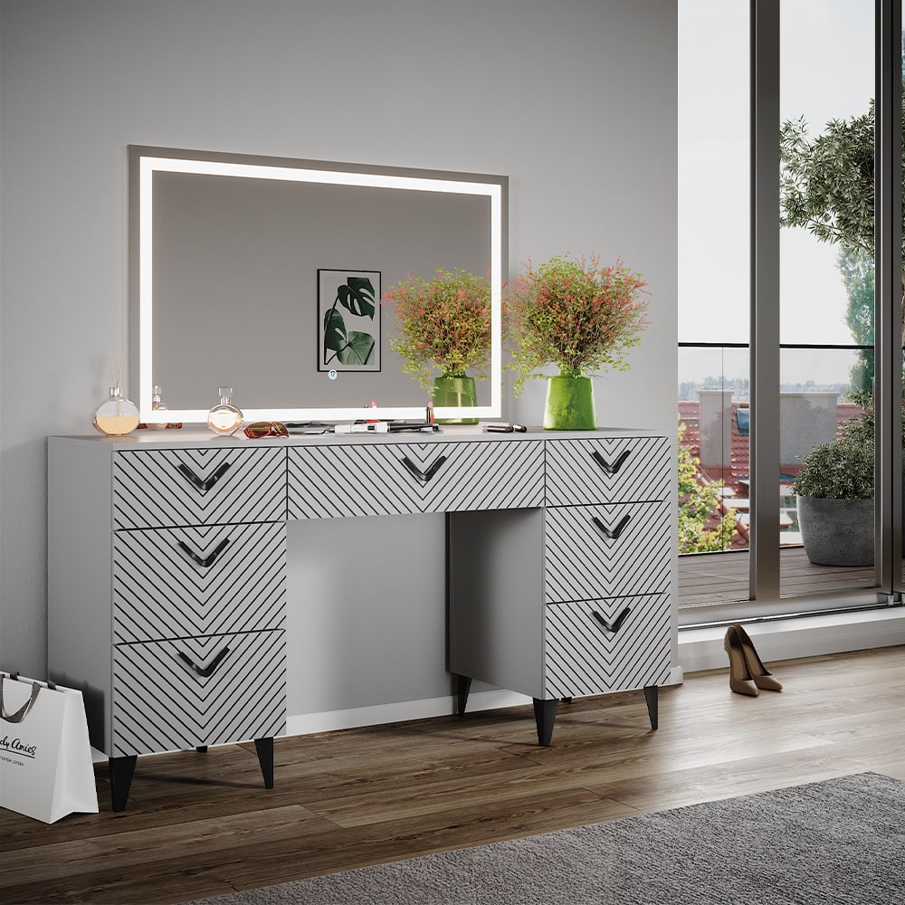 Schminktisch mit LED-Spiegel, Grau 150 x 78.1cm - Maisons Du