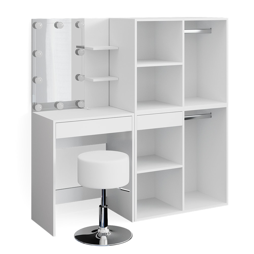 Vicco Schminktisch mit LED, Hocker und Schränken Weiß 140x140cm style modern Weiß Spanplatte