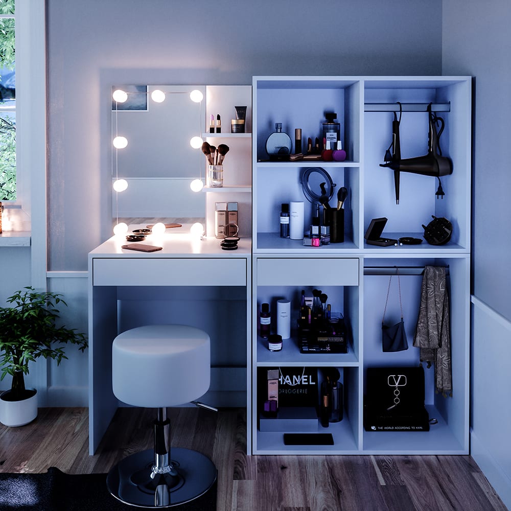 Coiffeuse avec led, tabouret et armoire blanc 140x140cm - Maisons du Monde