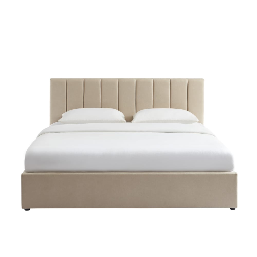 Lit coffre tissu beige 180x200 sommier inclus