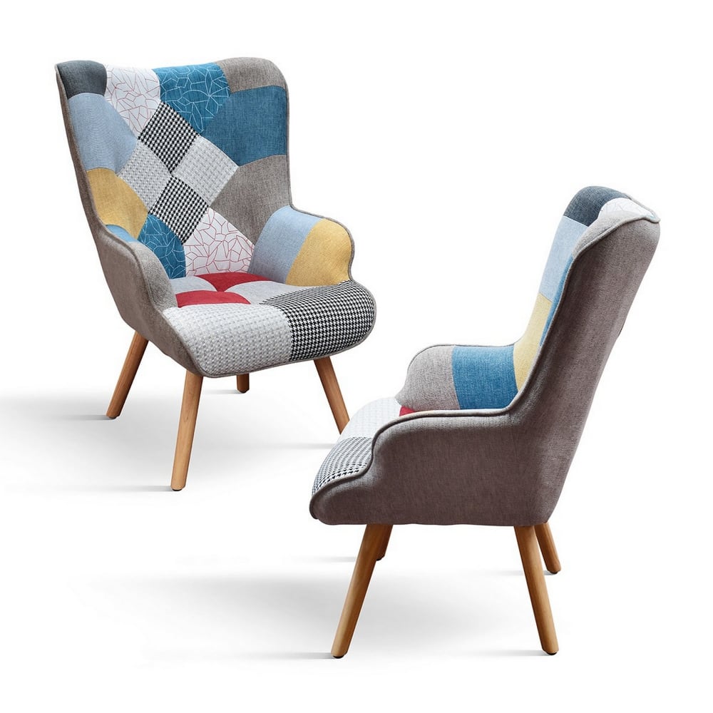 Fauteuil en tissu patchwork multicolore avec pieds en bois