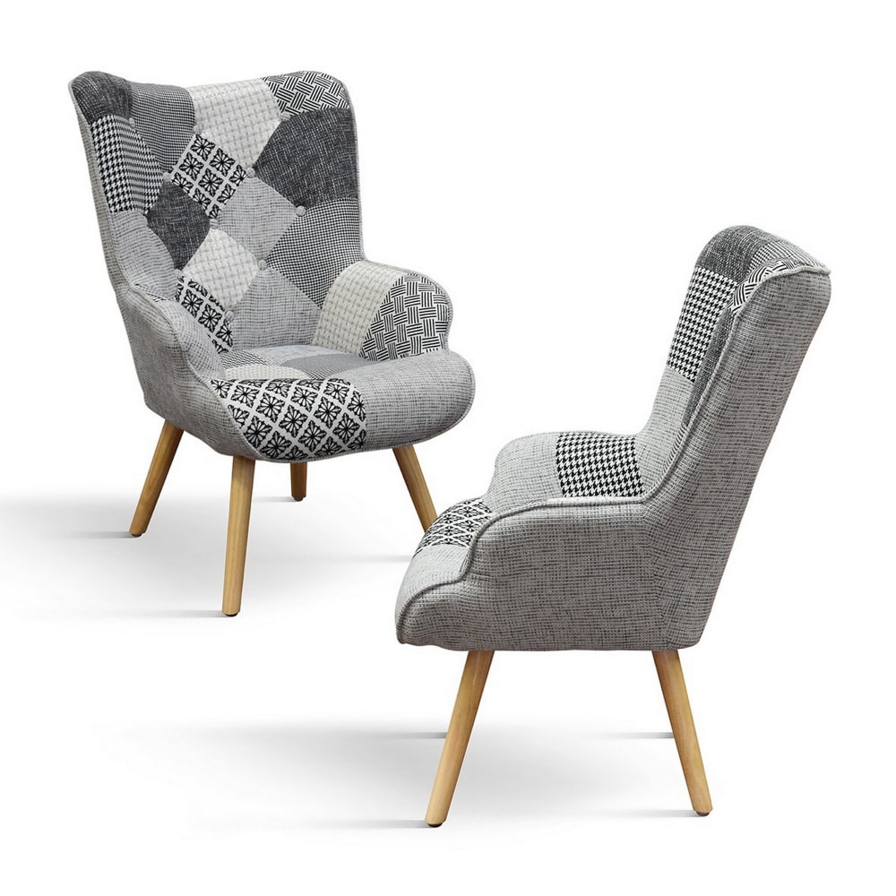 Fauteuil en tissu patchwork gris avec pieds en bois
