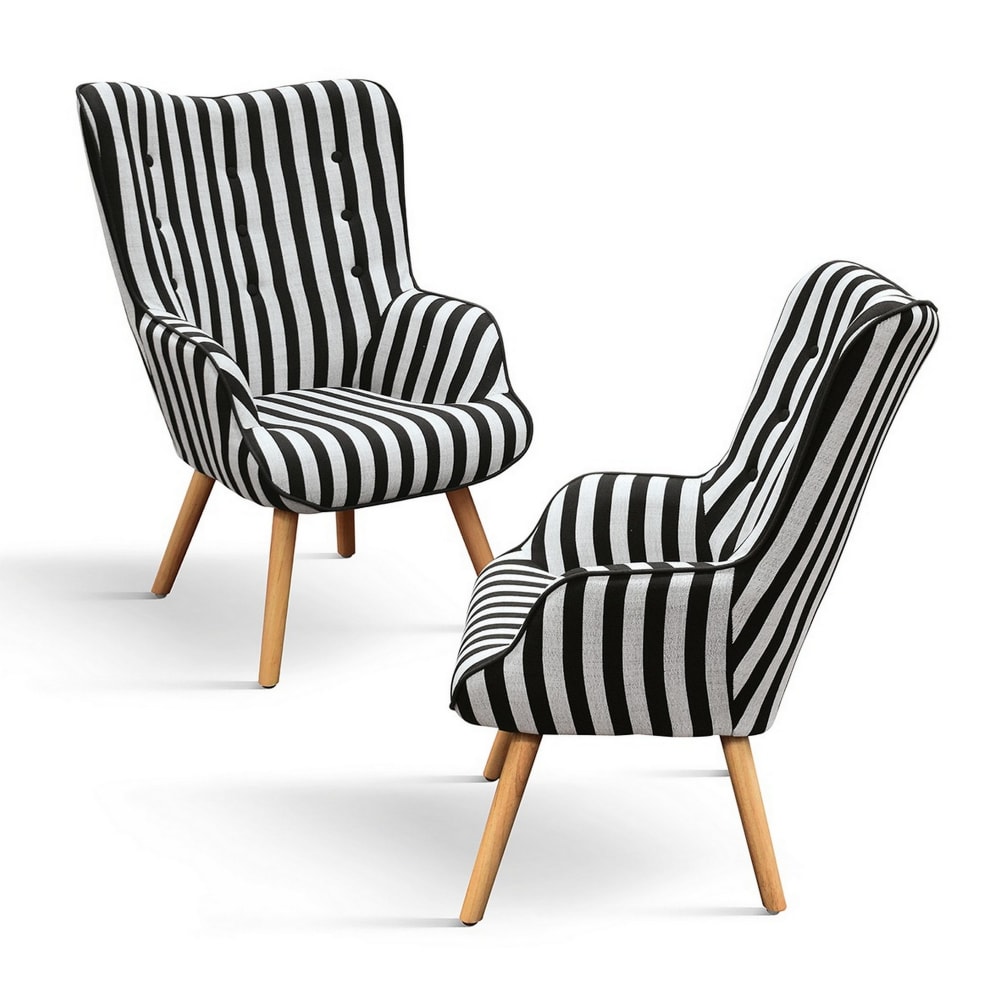 Fauteuil en tissu rayé noir et blanc avec pieds en bois
