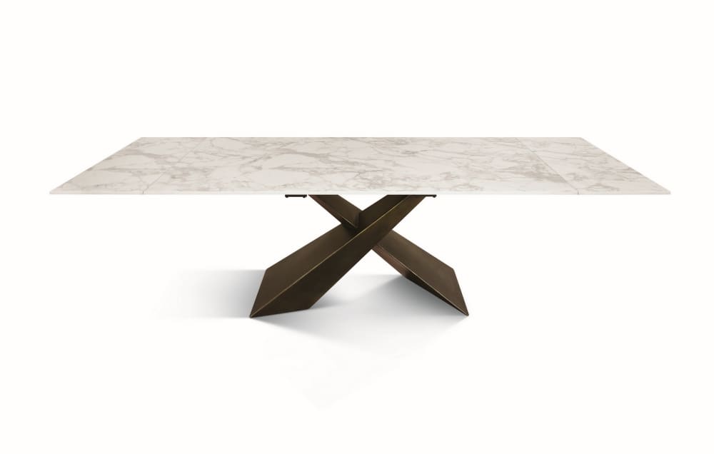 Glaskeramiktisch weiß, Metallbeine Bronze, 180x90–260x90 cm -