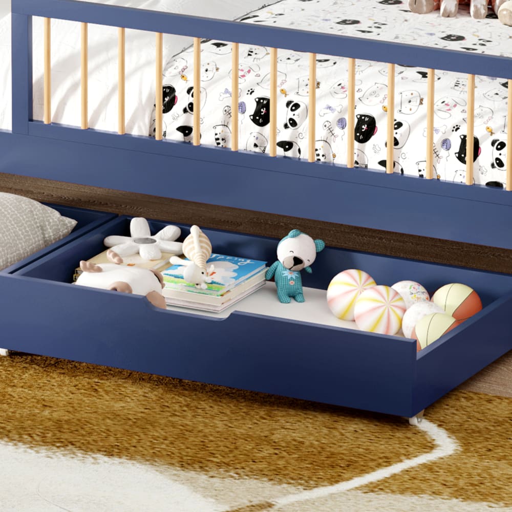 Lot de 2 tiroirs de rangement bleu foncé sous lit 190x90cm bois (Happy Garden) - Image 1