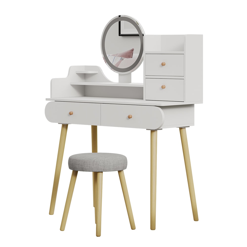 Vicco Schminktisch mit LED-Spiegel und Hocker, Weiß 100 x 130cm style modern Weiß Spanplatte