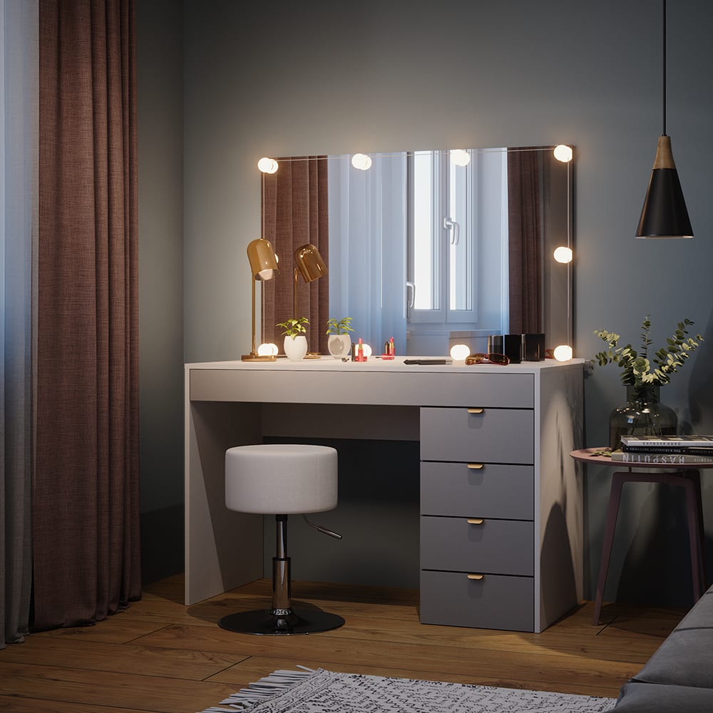 Schminktisch mit LED Beleuchtung und Hocker Weiß/Grau/Grau