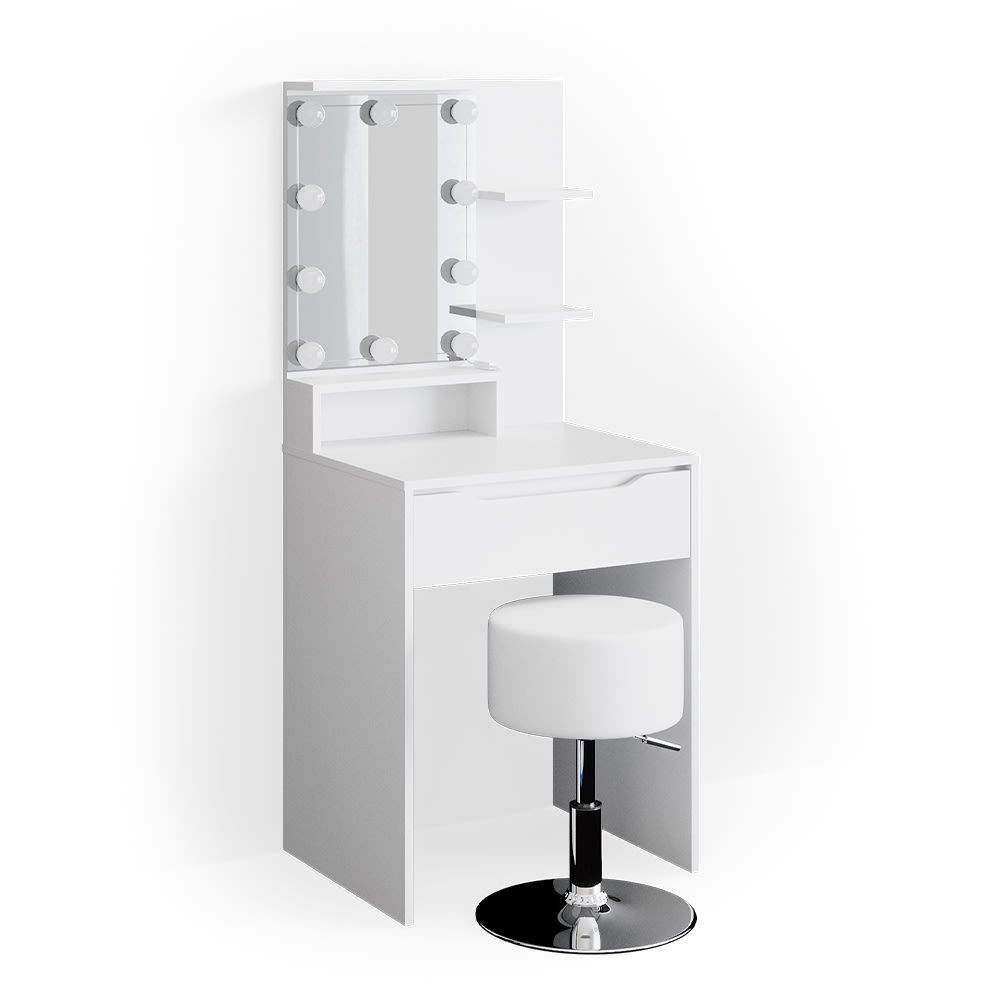 Vicco Schminktisch mit Spiegel, LED-Lichterkette und Hocker Weiß 60x142.7cm style modern Weiß Spanplatte