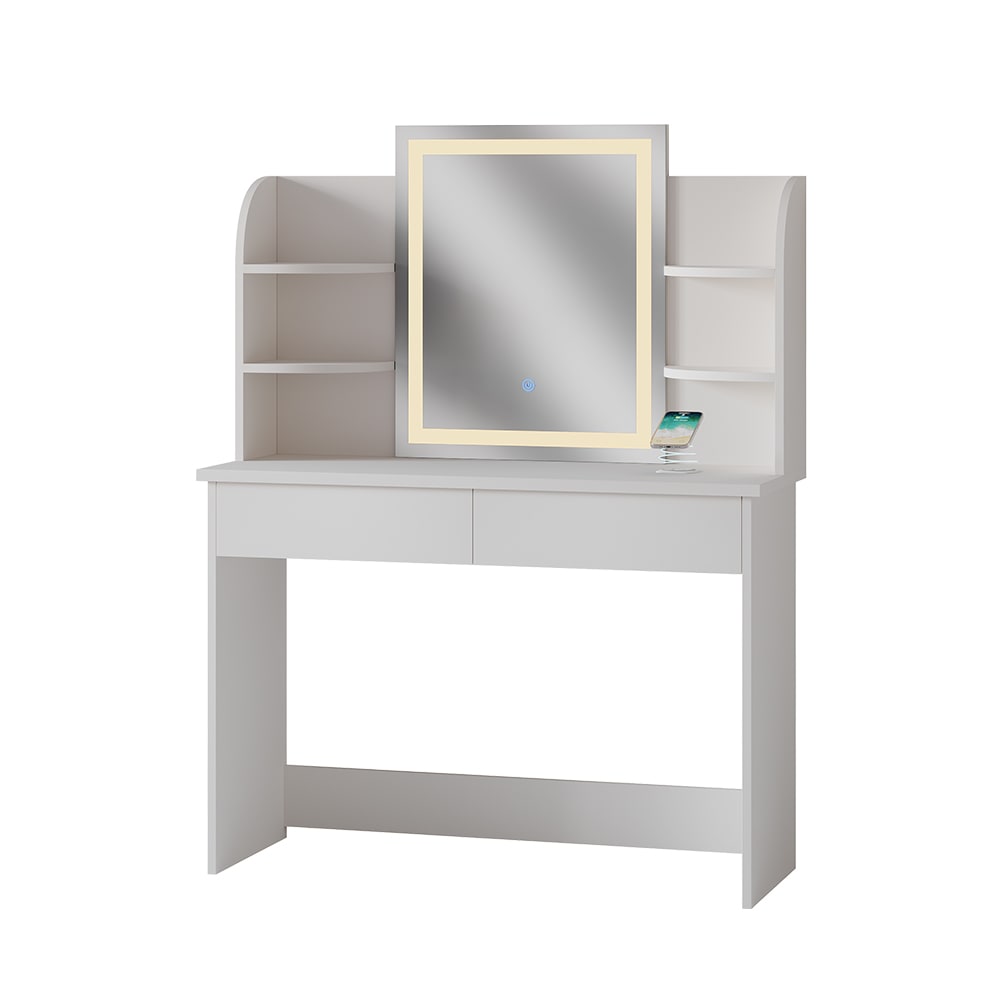 Coiffeuse avec miroir LED et station de recharge QI, Blanc 106 x 142cm