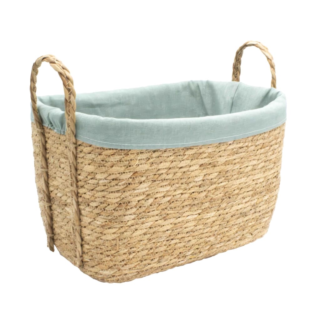 Panier à linge jonc de mer naturel, polycoton bleu 40 x 28 x 32 cm