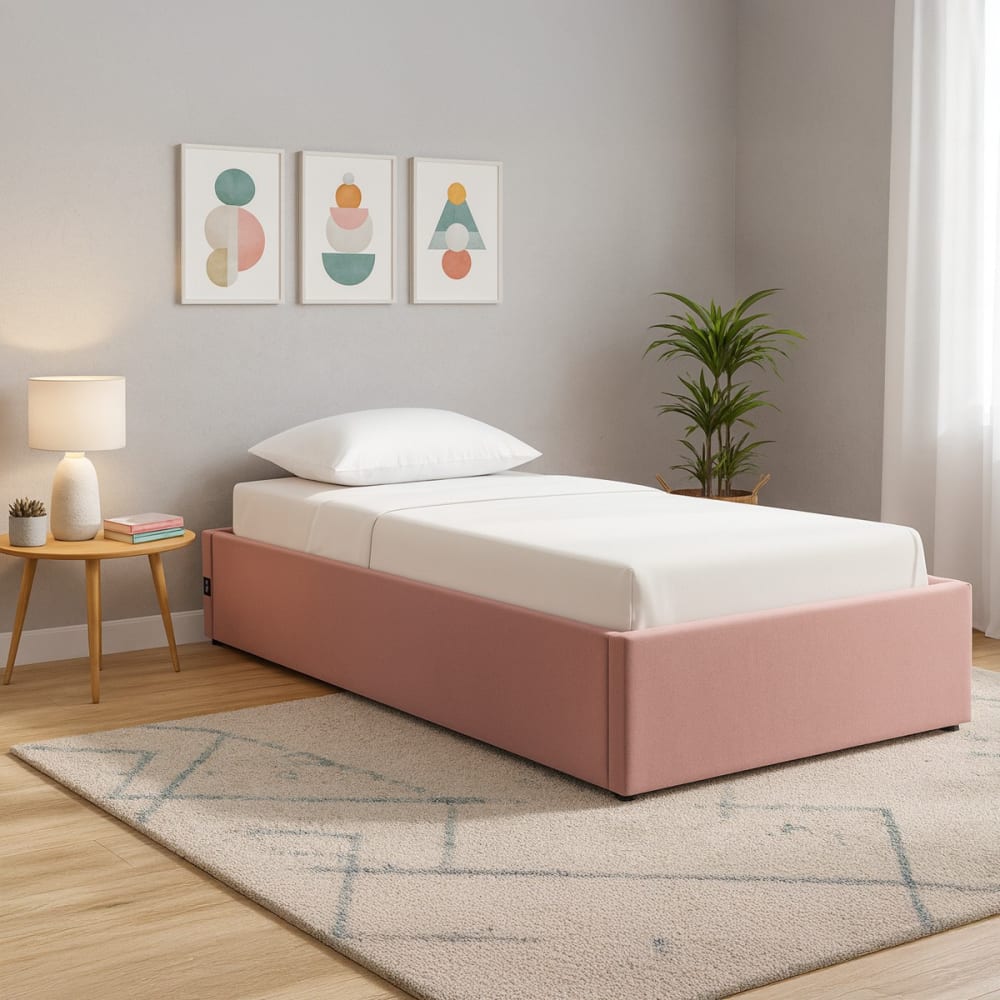Lit coffre 90x190 cm en velours rose avec sommier - Maisons du Monde