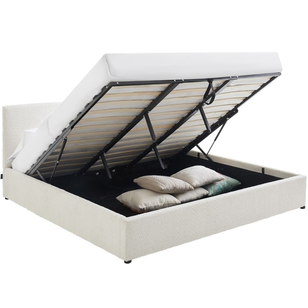 Lit coffre 180x200 cm avec tête de lit en tissu bouclé beige