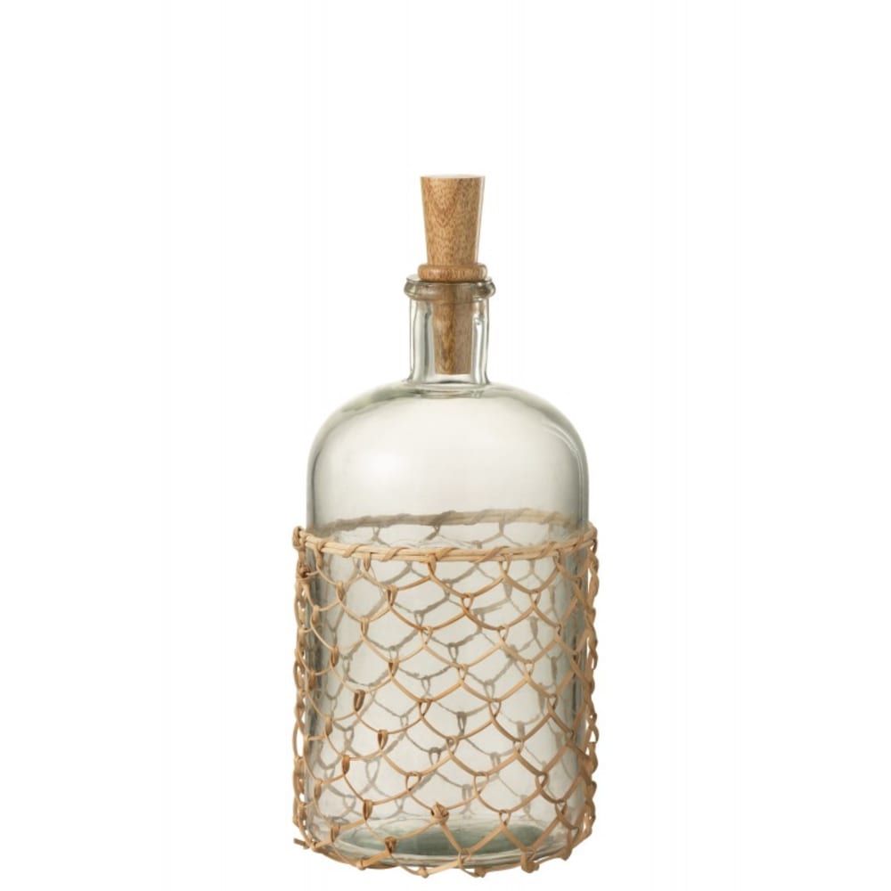 Vase bouteille avec filet rotin en verre transparent 15x15x32 cm
