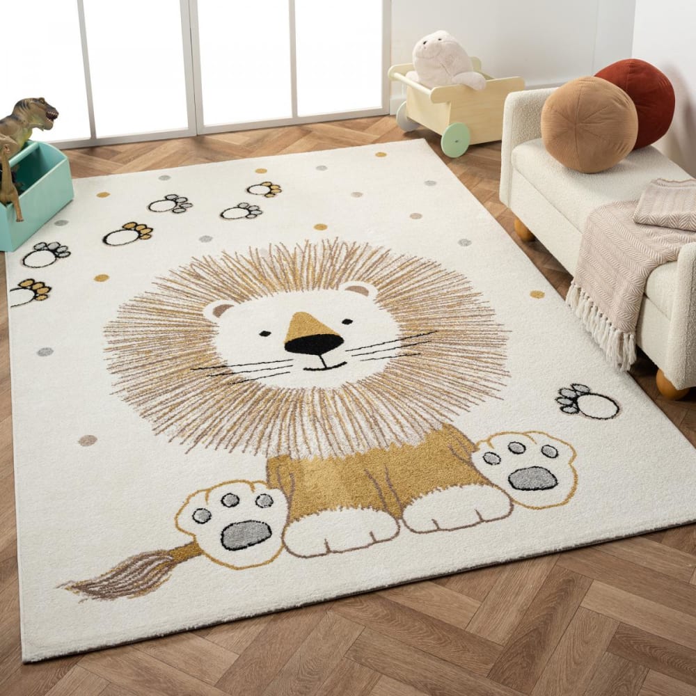 Pflegeleichter Kinderteppich, lustiges Löwenmuster, 60x110 Ecru -