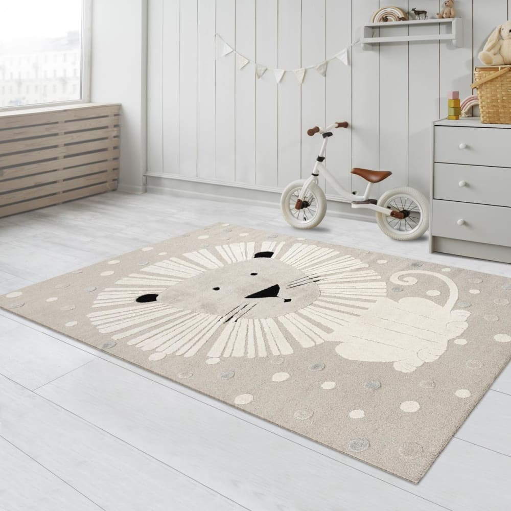 Kinderteppich, lustiges Löwenmuster, pflegeleicht, 80x150 creme -