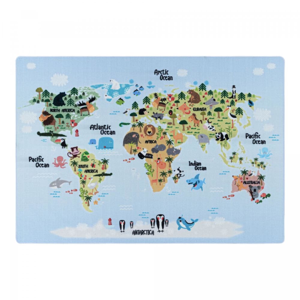 Tapis enfant motif map monde Lavable 30°C, bleu 100x150