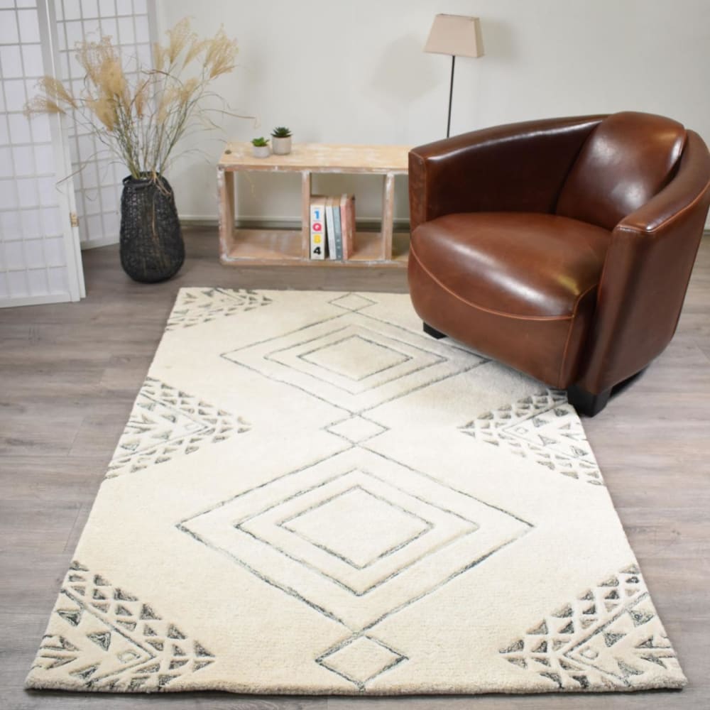 Tapis artisanal pour salon, tufté main en laine, beige 120x170