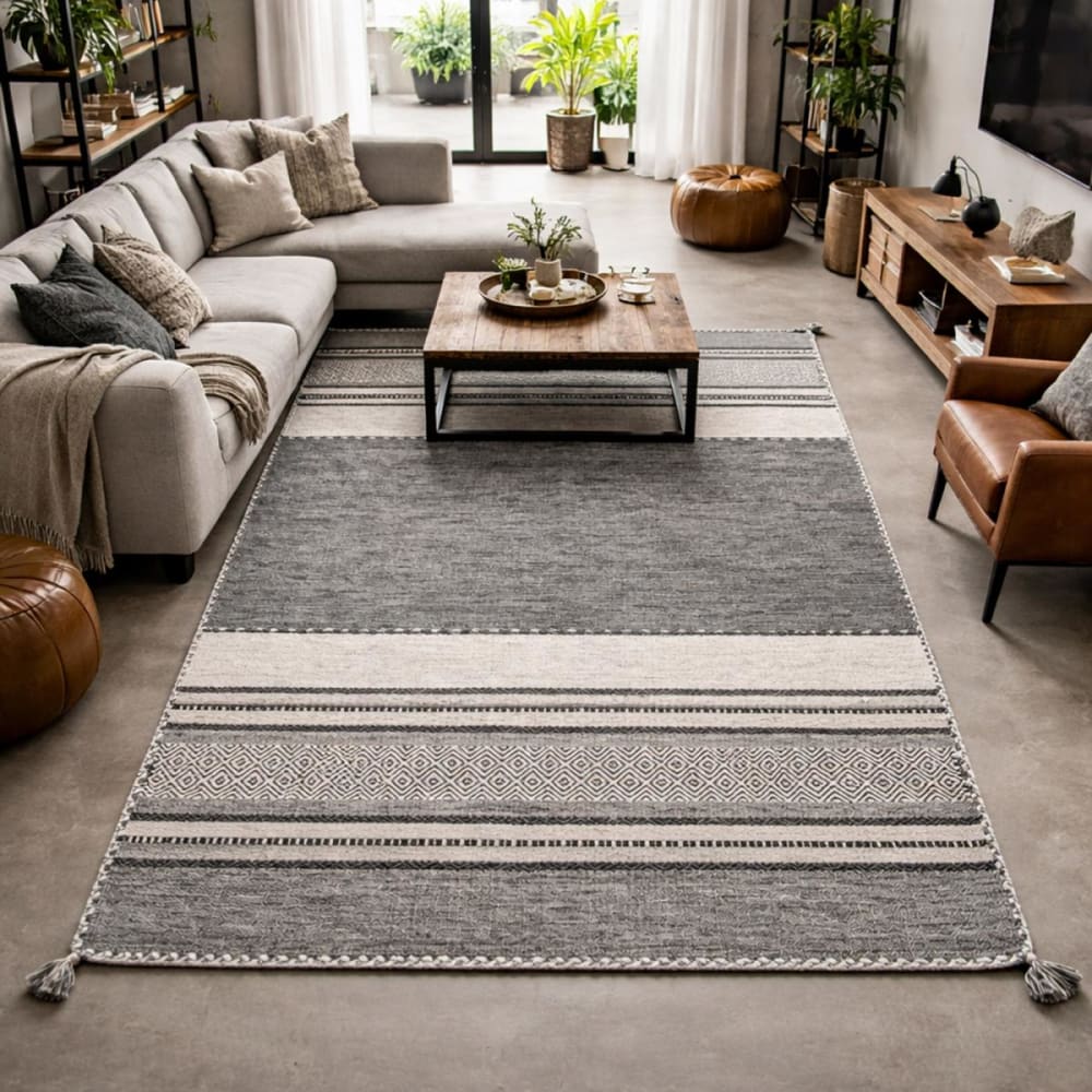 Tapis salon, kilim tissé main en coton, motif ethnique, gris 160x230 - Maisons du Monde