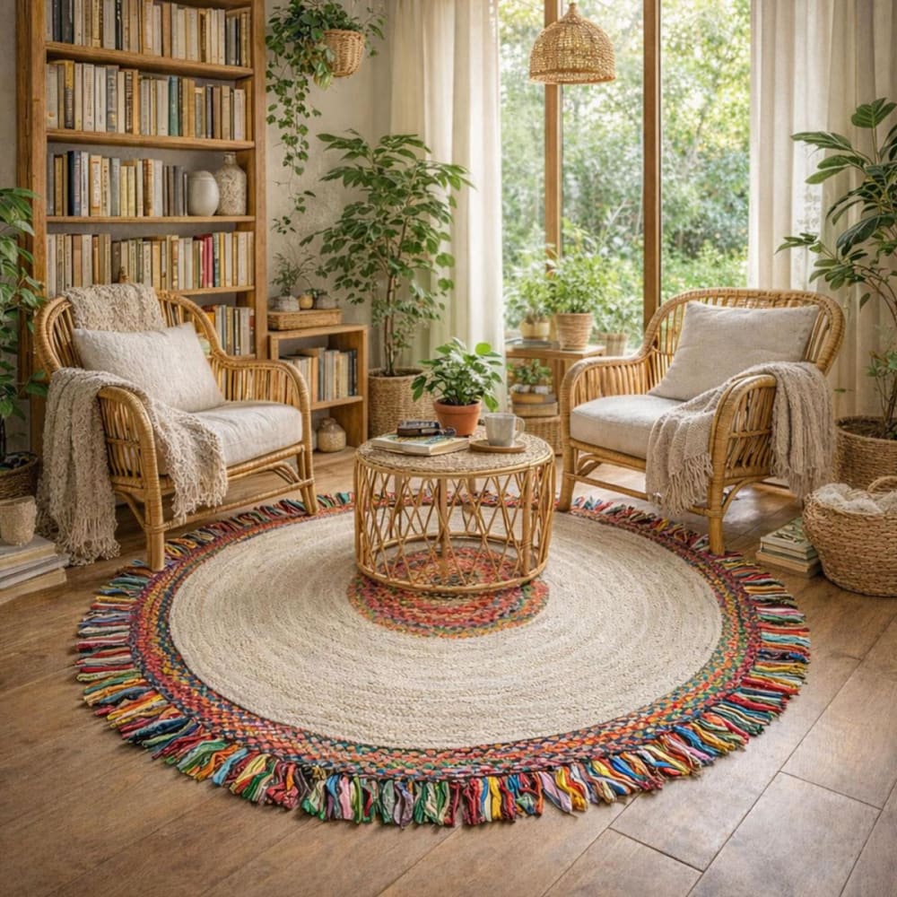 Tapis rond en jute, tapis artisanal tissé main, multicolore Ø200cm