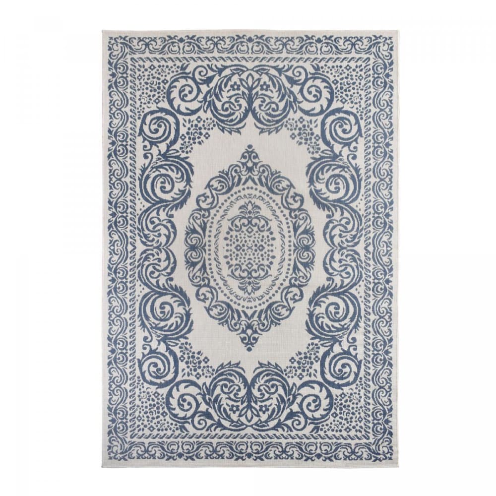 Tapis extérieur terrasse, tapis reversible, blanc et bleu 160x230
