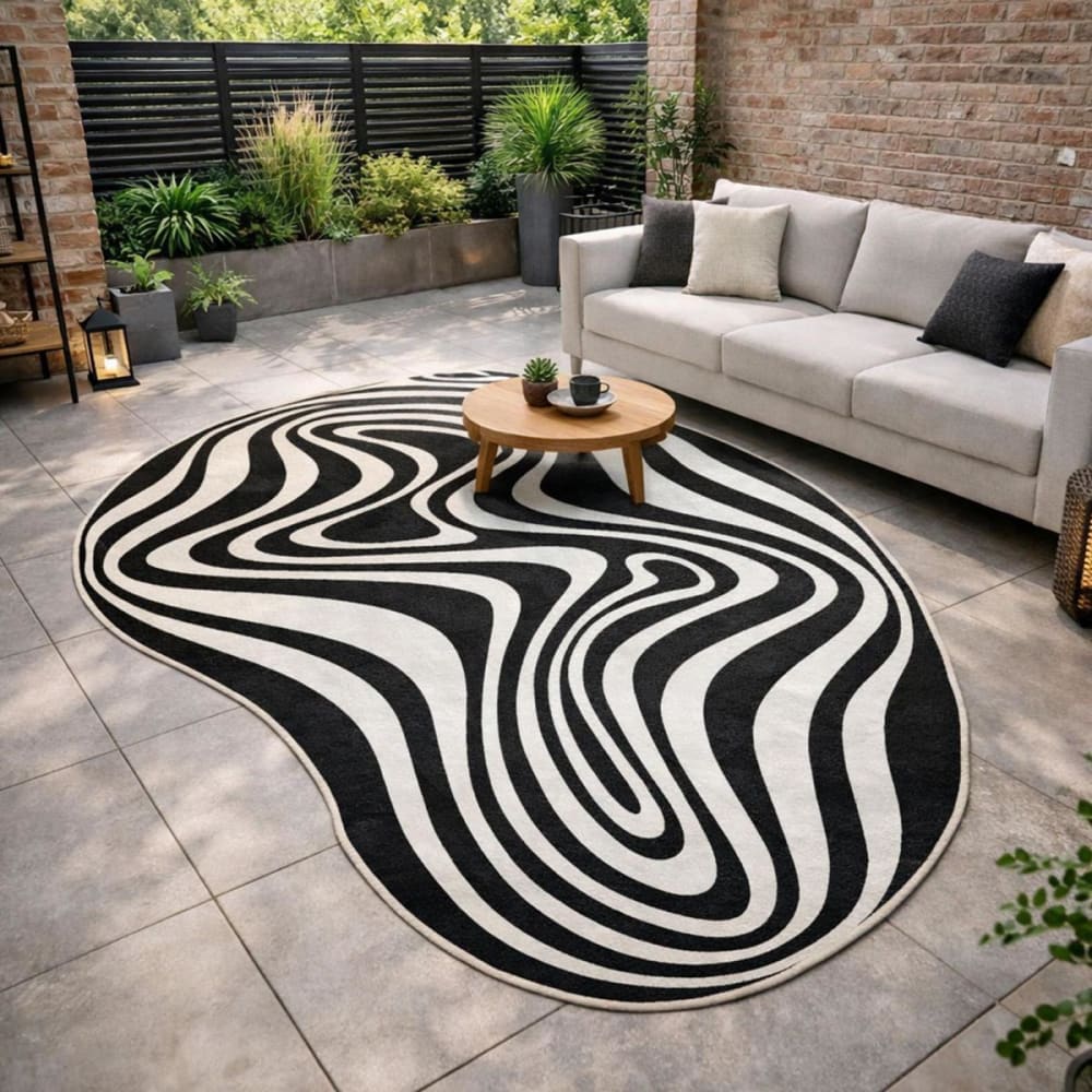 Tapis rond d'extérieur, kilim reversible, noir et blanc 200x290