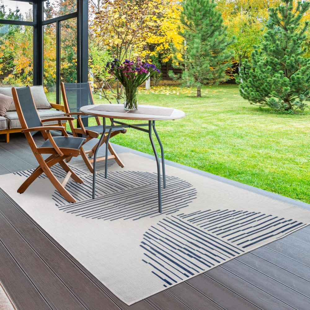 Tapis extérieur terrasse, tapis reversible, blanc et bleu 160x230