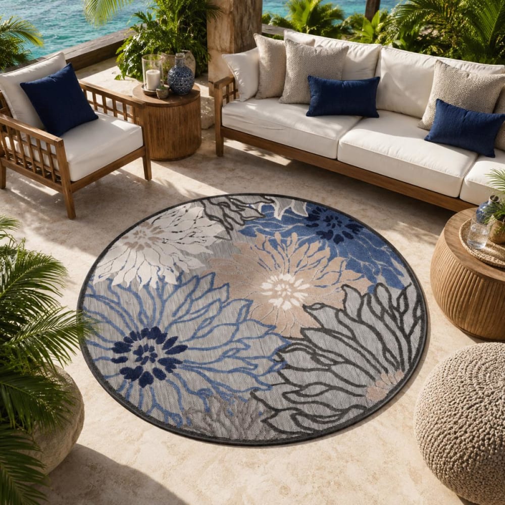 Tapis extérieur kilim rond pour terrasse et jardin bleu ø150cm - Maisons du Monde