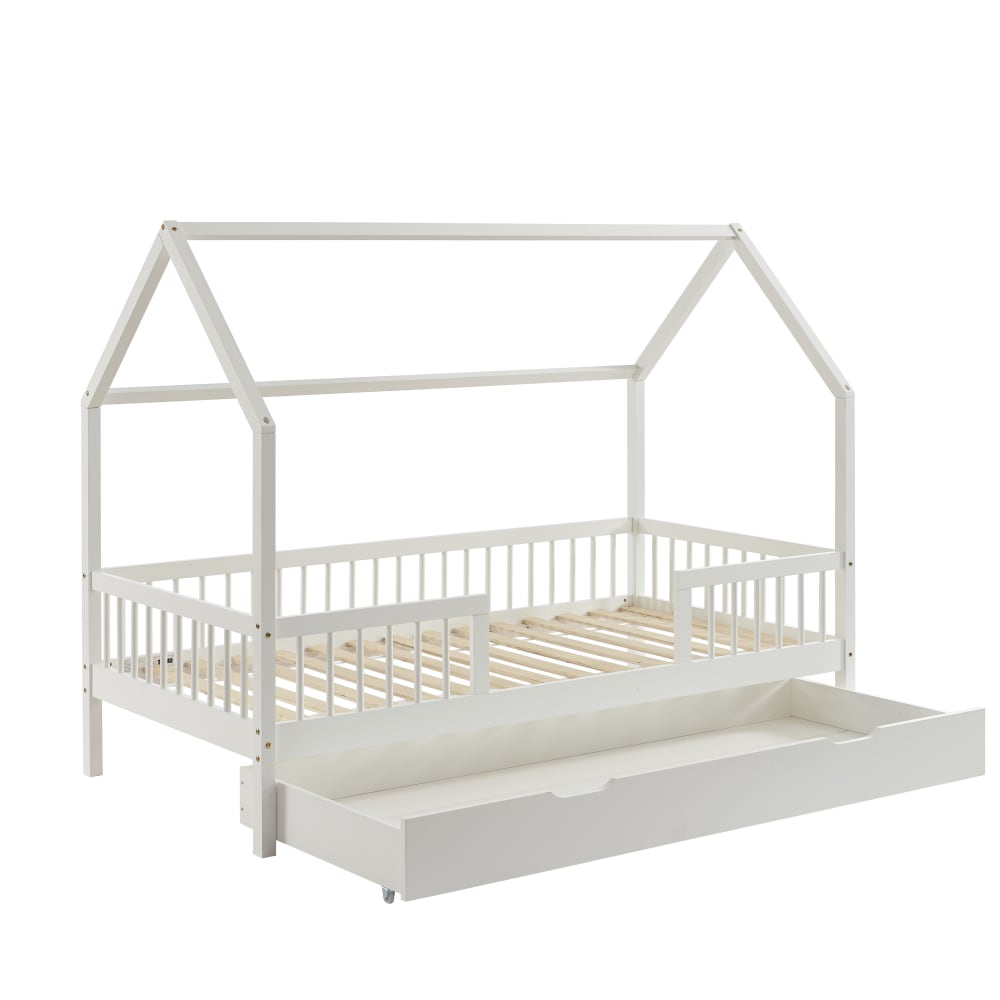 Baita - Lit cabane avec barrières  pin massif blanc 90x190cm sommier + tiroir