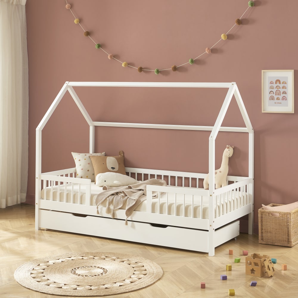 Lit cabane avec barrières  pin massif blanc 90x190 tiroir inclus (Baita) - Image 1