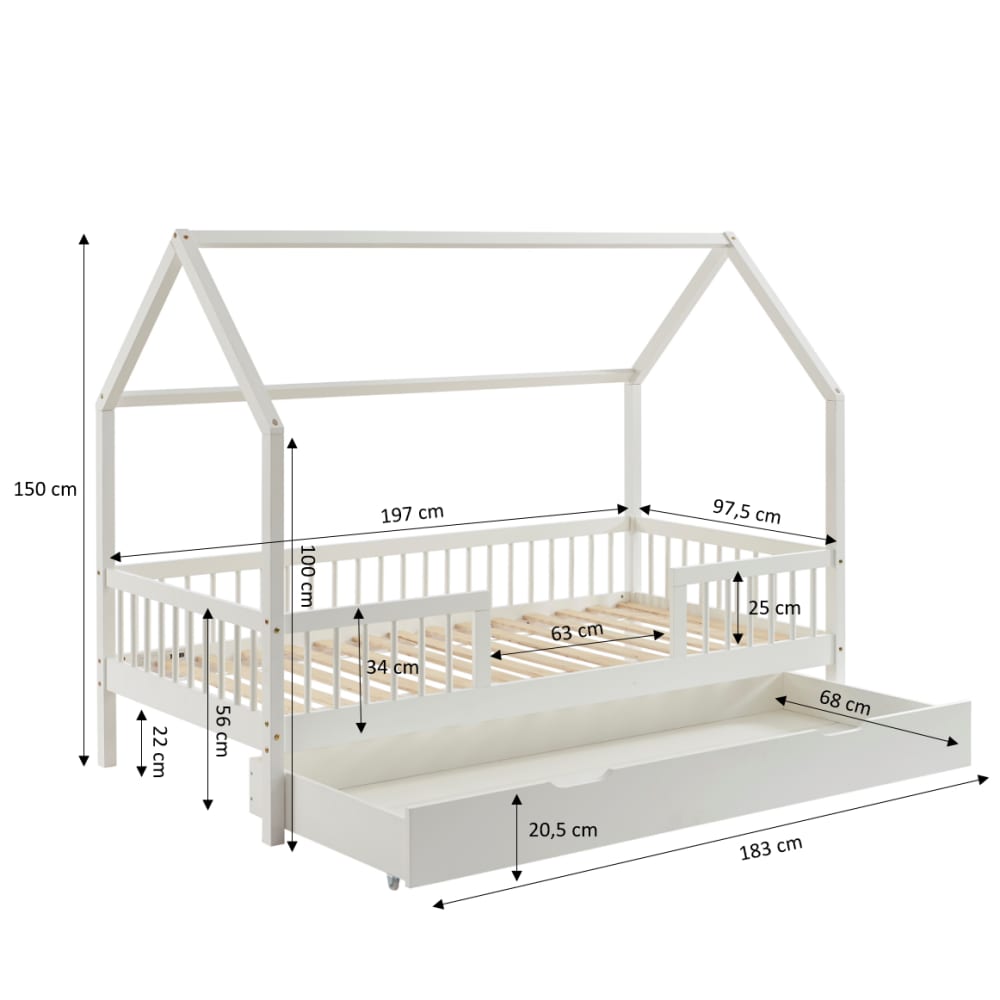 Lit cabane avec barrières  pin massif blanc 90x190 tiroir inclus (Baita) - Image 2
